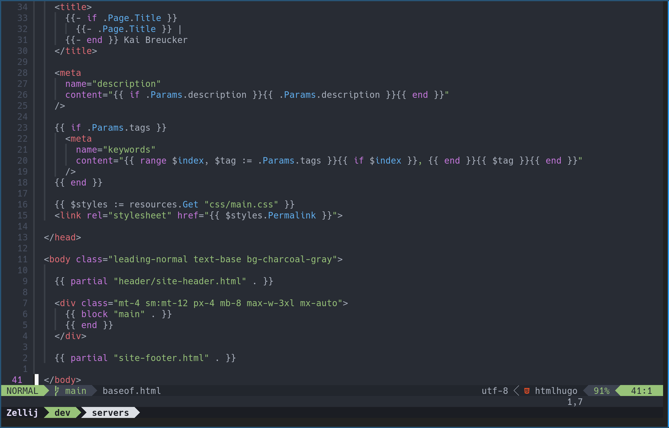 In dem Bild ist ein Terminal-Fenster zu sehen, in dem Neovim geöffnet ist. Der sichtbare Code beinhaltet Standard-HTML und Template-Actions von Hugo. Unten rechts wird in der Neovim-Statusbar angezeigt, dass eine htmlhugo-Datei geöffnet ist. Der HTML-Code ist farblich hervorgehoben in rot, lila, blau und grün. Der Hintergrund ist dunkel, aber nicht perfekt schwarz. Bestandteile der Ausdrücke, die von jeweils zwei geschweiften Klammern umschlossen werden, werden auch farblich hervorgehoben. Sie sind lila (Kontrollstrukturen), blau (Funktionen), grün (Strings) und weiß (normale Ausdrücke).