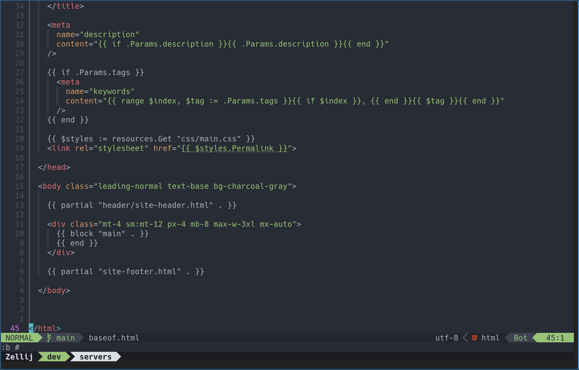 In dem Bild ist ein Terminal-Fenster zu sehen, in dem Neovim geöffnet ist. Der sichtbare Code beinhaltet Standard-HTML und Template-Actions von Hugo. Unten rechts wird in der Neovim-Statusbar angezeigt, dass eine HTML-Datei geöffnet ist. Der HTML-Code ist farblich hervorgehoben in rot, orange und grün. Der Hintergrund ist dunkel, aber nicht perfekt schwarz. Bestandteile der Ausdrücke, die von jeweils zwei geschweiften Klammern umschlossen werden, sind nicht farblich hervorgehoben. Sie sind gräulich weiß.